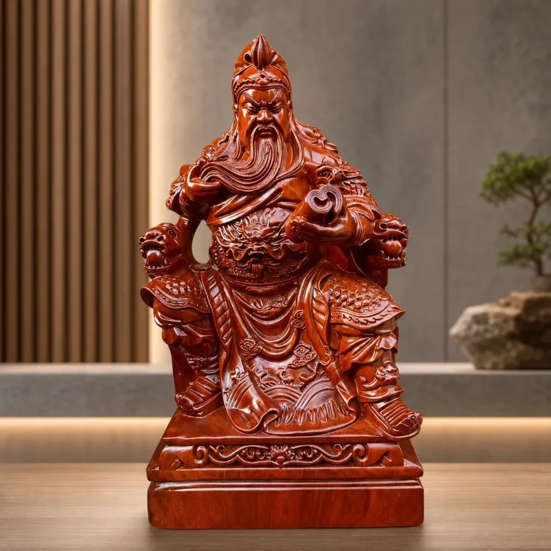 Wooden Guan Yu Statue for Home Decoration Carved Rosewood Sitting Guan Gong Figure Reading Spring and Autumn Annals for
