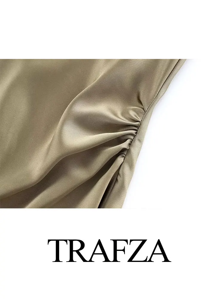 TRAFZA Women\'s Summer Silk Satin Textured Midi Dress Retro Round Neck Sleeveless Waist Pleated Women\'s Zipper Dress 2 Color TRAF