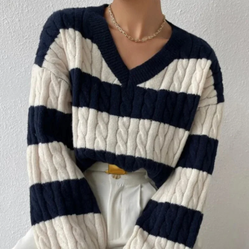 

Spring and Autumn Fried Dough Twists Sweater 2023 New Stripe Relaxed V-Neck Knit