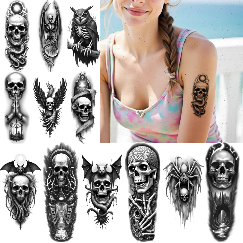 

12pcs Temporary Tattoo Skull Art Realistic Temporary Tattoos Skeleton Tattoos Black And Grey Realism For Thighs Women Adults