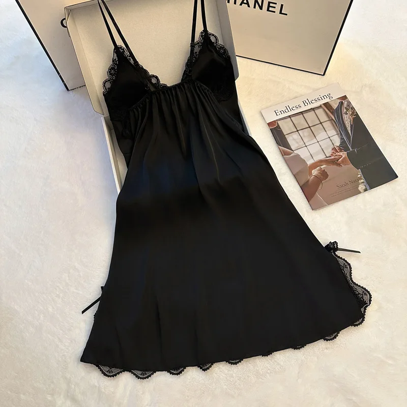 Premium Solid Style Ice Silk Nightdress For Women Summer Sexy Lace Backless Slip Sleepwear With Built In Bra Loungewear