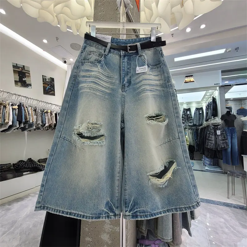 

American Retro Street Style Ripped Cropped Jeans, Women's Thin Summer New Arrival Loose Straight-leg Wide-leg Pants, Blue Jeans