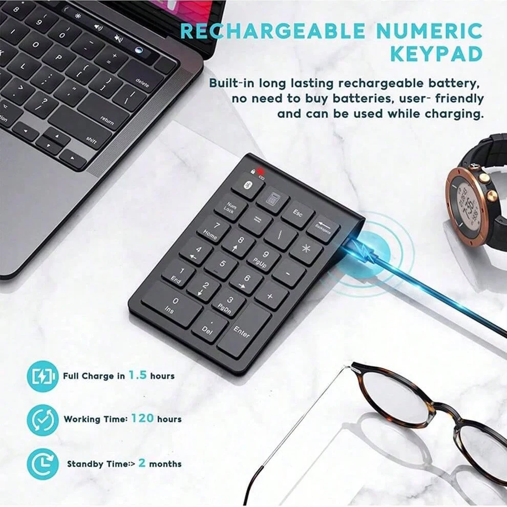 Rechargeable Bluetooth Wireless Numeric Keypad for Laptop/Tablet/Windows Mac, Portable Slim 22-Key External Mini Numpad Keyboard