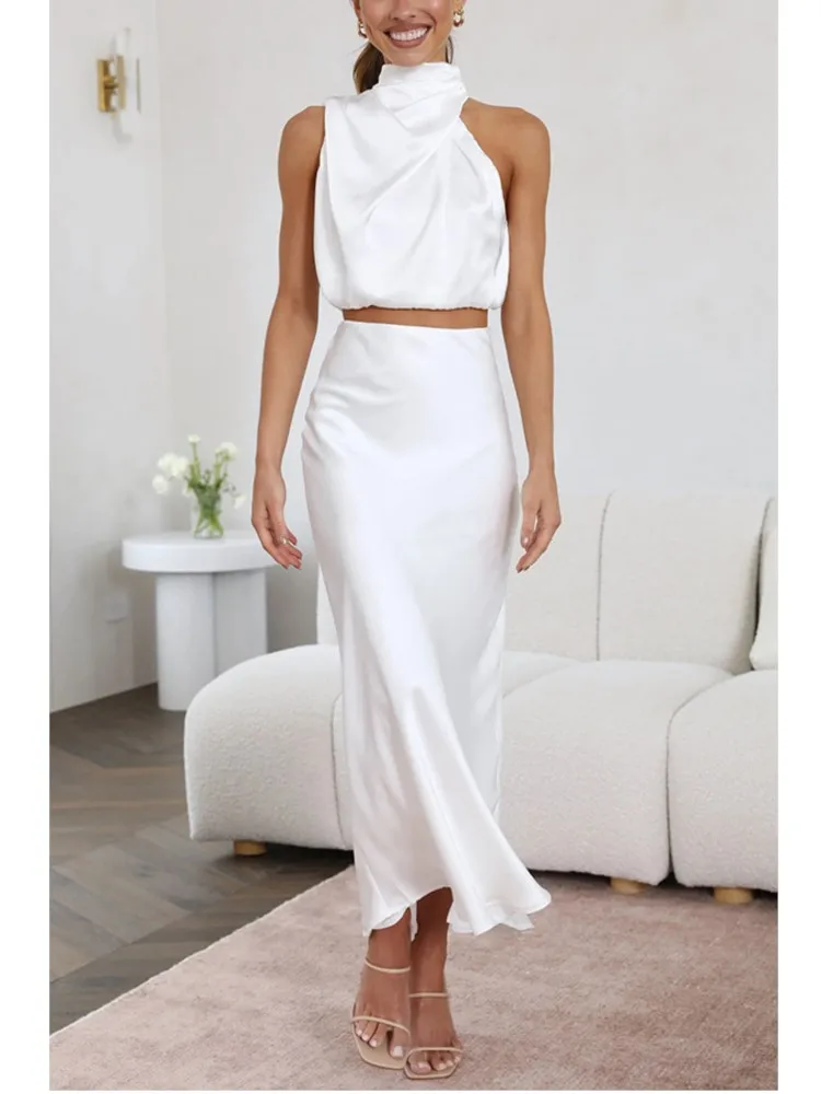 Women\'s Two-Piece Satin Long Skirt Sleeveless Fashion Off The Shoulder Elegant Solid Color Short Top A-line Skirt Two-Piece Set