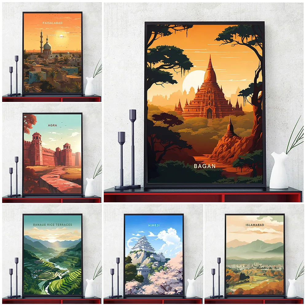 

Agra Fort India And Bagan Sunset Myanmar Travel Artwork Banaue Rice Terraces Philippines Wall Art Canvas Painting Home Decor