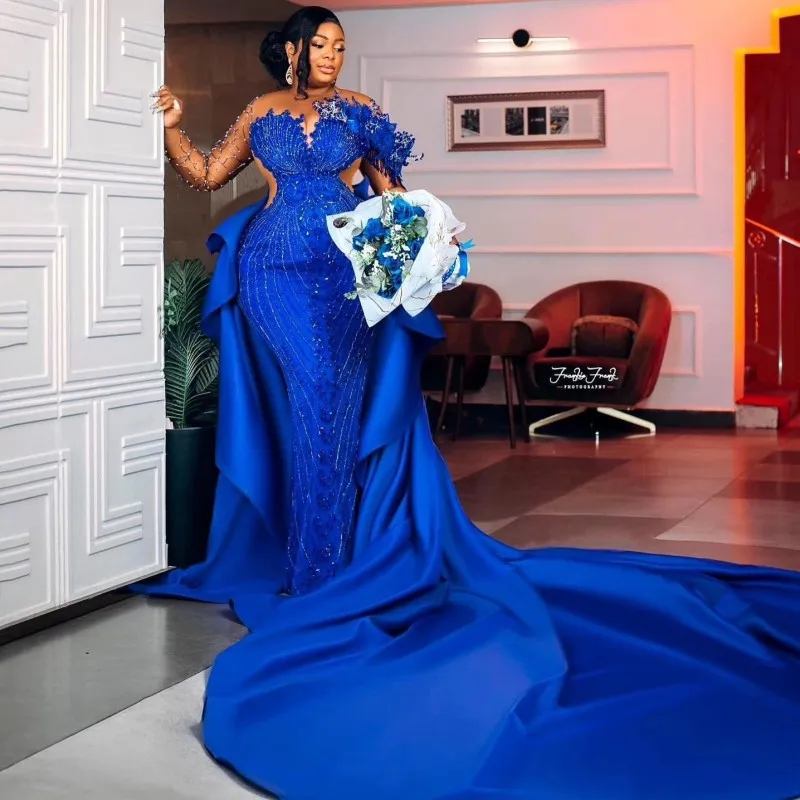 Modest Royal Blue Evening Dresses For Women Long Sleeves African Women Mermaid Prom Gowns Aso Ebi Wedding Guest Party Wear