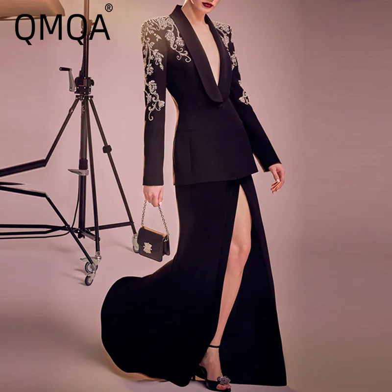 QMQA Fashion Women's Elegant 2 Pcs Set Embroidered Flares Diamond Blazer High Split Fishtail Skirt Evening Sets Autumn New 1A708