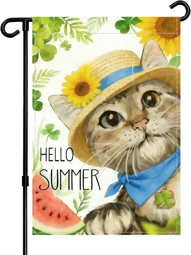 Garden Flag Hello Summer Cat with Sunflowers, Double Sided, 12 x 18 Inches XXQ