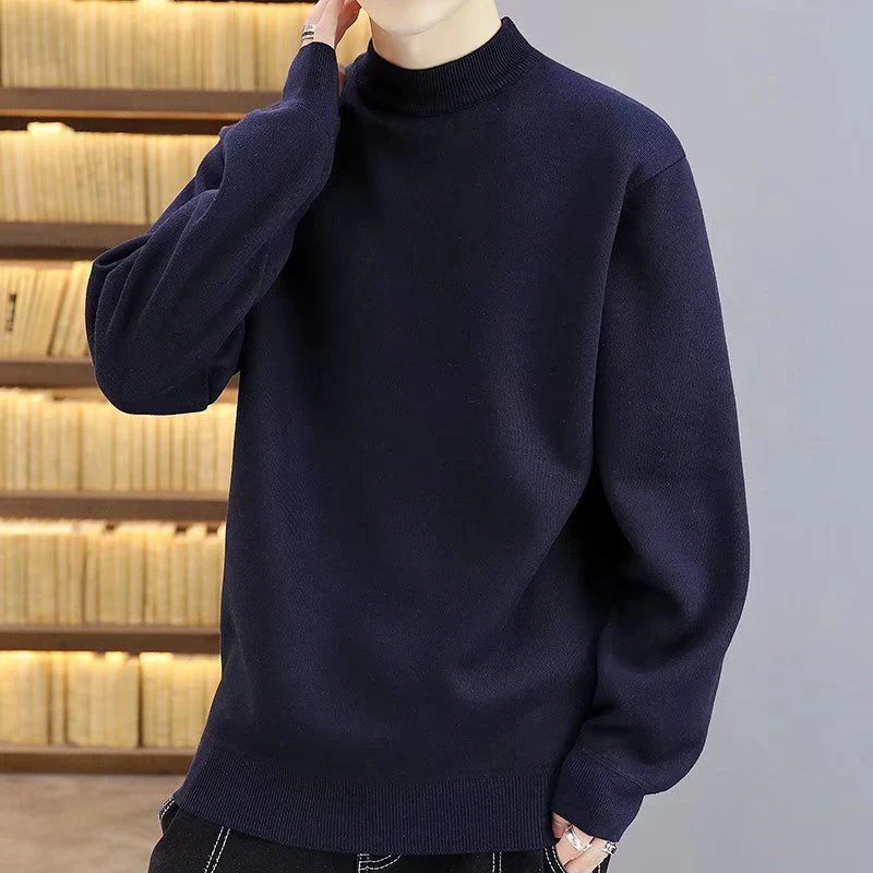 Fall Winter Solid Color Half Turtleneck Men Sweater Korean Fashion Thicken All-match Knitted Pullover Oversized Harajuku Top Tee