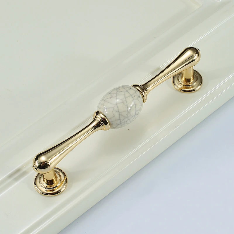 

Ceramic Cabinet Pull Handle K Gold White Porcelain Crackle New Chinese Style for Wardrobe Dresser Bathroom Vanity Doors