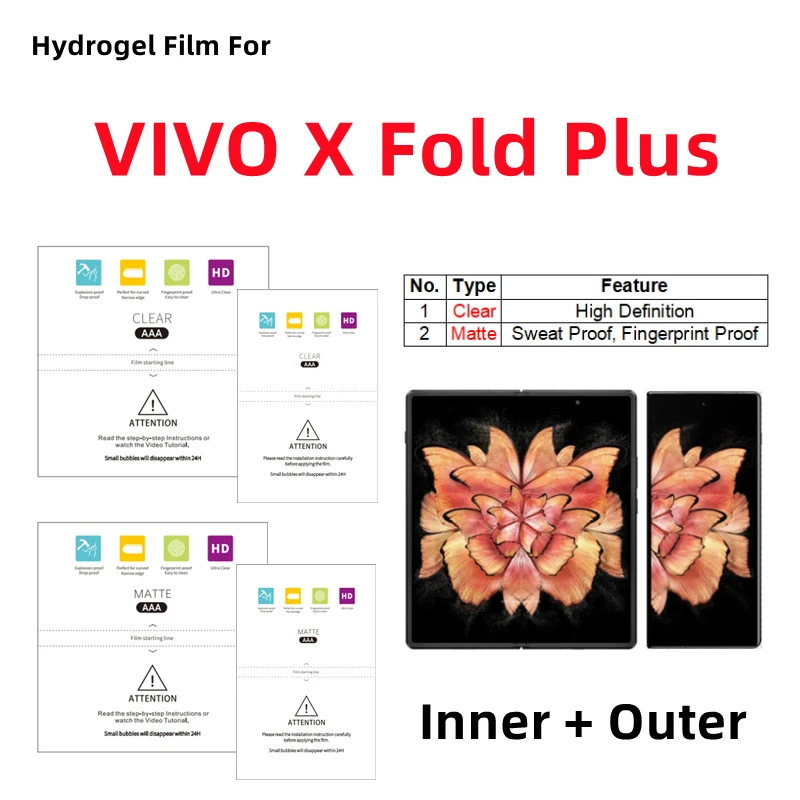 

Inner + Outer Matte Hydrogel Film For VIVO X Fold Plus Clear Protective Film Folding Phone VIVO X Fold+ HD Screen Protector