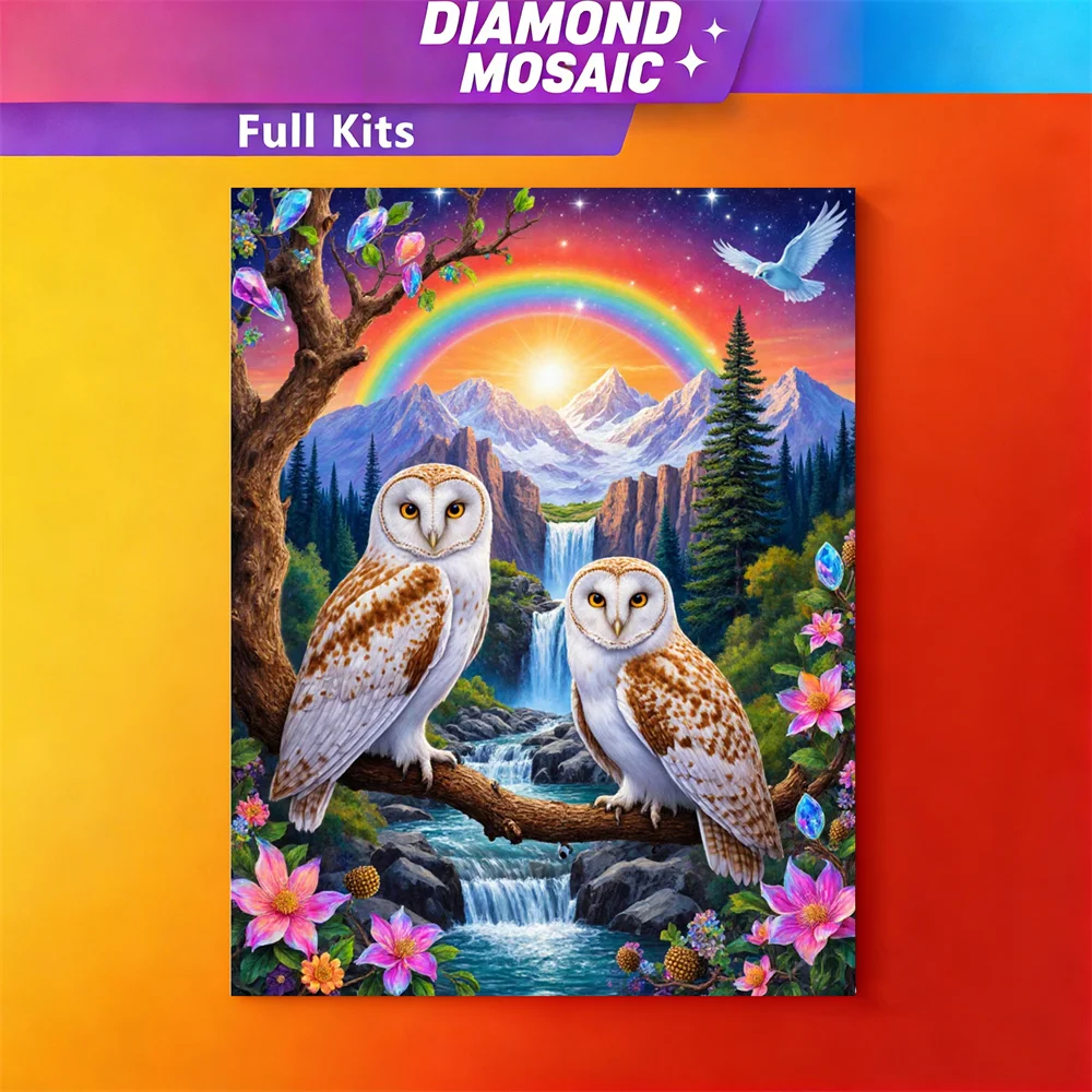

AZQSD Diamond Mosaic New Collection Owl Animal Waterfall Rhinestones Pictures Handmade Diamond Painting Kits Wall Decoration
