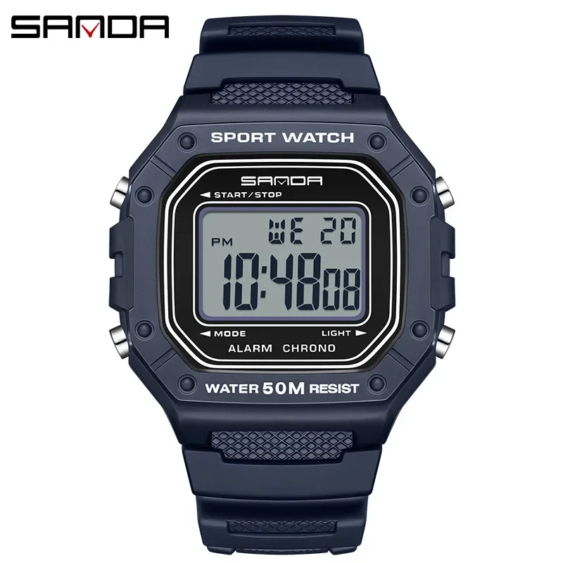 SANDA 2156 Men Watch New Model Electronic Digital Movement Rectangle Led Display Dial Outdoor Sports Watertight Male Wrist Watch