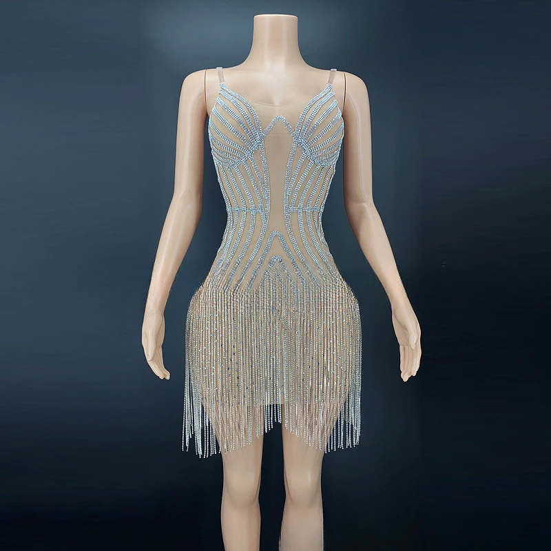 

2025 Ladies Sexy Clubwear Sparkling Diamond Tassel Party Club Evening Dress Sequins Sleeveless Party High-end Performance Dress