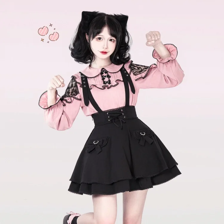 

Harajuku Lolita Black Strap Skirt for Women Y2k E-Girl High Waist A-line Skirts 2024 Spring New Ruched Bow Faldas Mujer