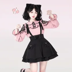 Harajuku Lolita Black Strap Skirt for Women Y2k E-Girl High Waist A-line Skirts 2024 Spring New Ruched Bow Faldas Mujer