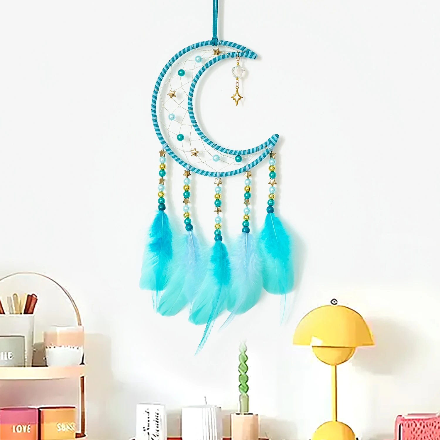 Handmade Blue Crescent Moon Dream Catcher with Feathers Bohemian Wall Art for Girls Room Decor Wind Chimes Window Hangings Gifts