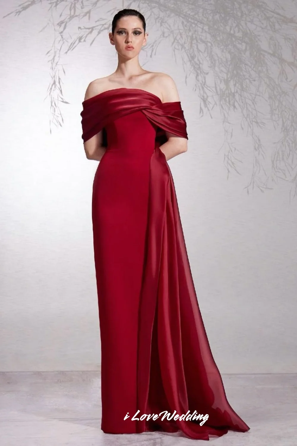 

Red Off the Shoulder Evening Dresses 2025 Satin Strapless pleated Mermaid Floor-Length Elegant Wedding Party Dresses Customized