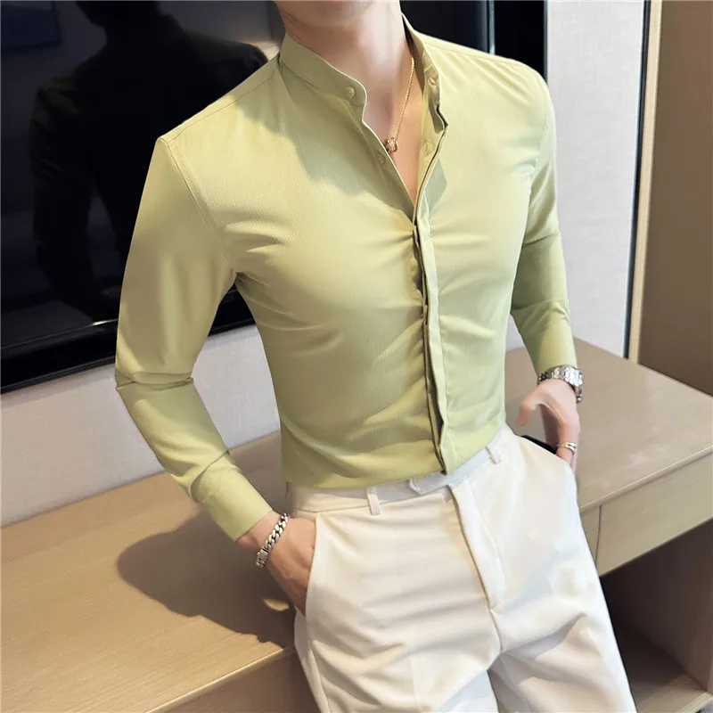 

Brand 2023 New Fashion Stand Collar Solid Slim Fit Shirts Mens Casual Luxury Long Sleeve Party Wedding Business Dress Shirts