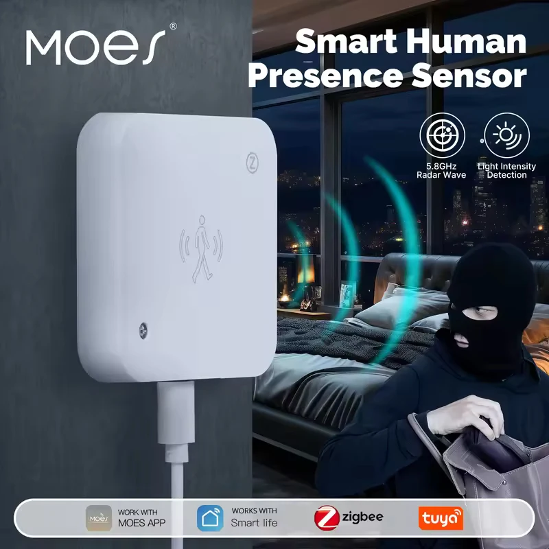 Tuya ZigBee/WiFi Smart Human Presence Sensor Motion Motionless Detection Light Luminance Sensor Wired Design App Notification