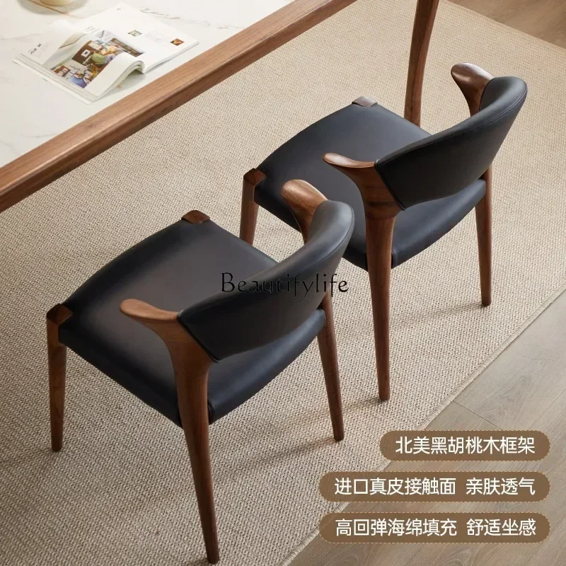 02ls 18 -*North American black walnut dining chair living room home solid wood casual backrest simple leather chair