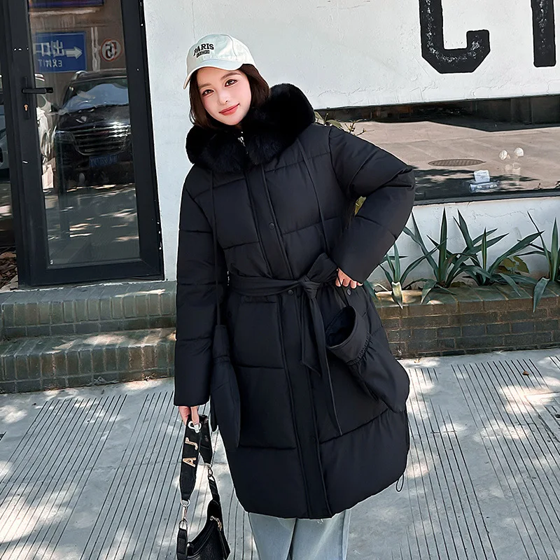 

Cotton Padded Women's 2025 Winter New Item Knee Length Hooded Thick Glove Cotton Jacket