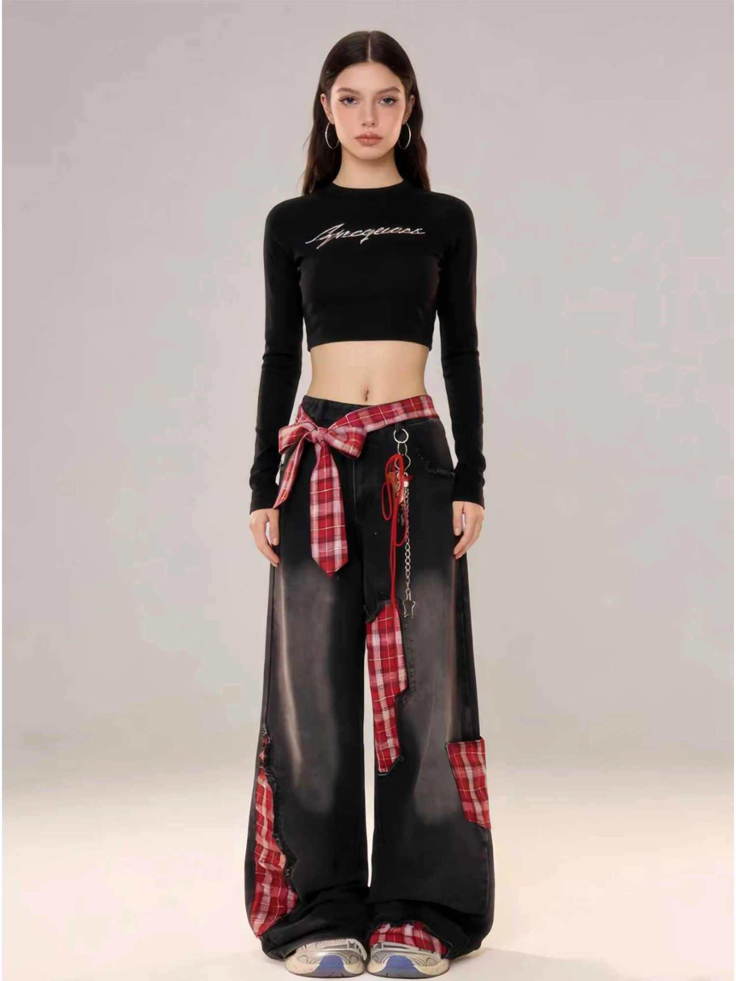 

Women Black Gothic Emo Y2k Wide Jeans Red Plaid Patchwork Jean Pants Vintage Harajuku Baggy Grunge Denim Trousers Clothes 2026
