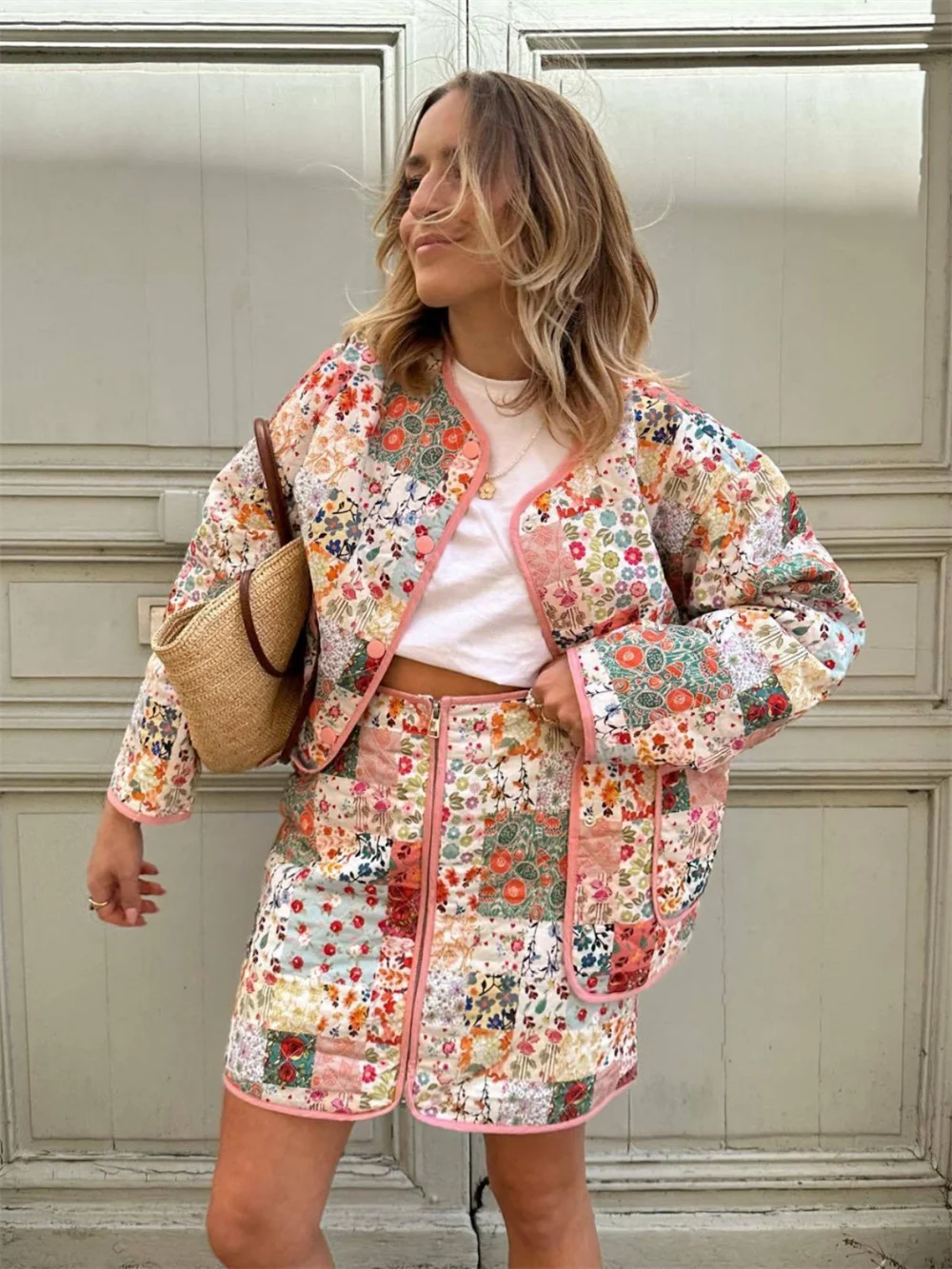 Vintage Flower Printed Patchwork Cotton Jacket and Mini Skirt for Women Autumn Pink Single Breasted Short Coat Zipper Skirt Set