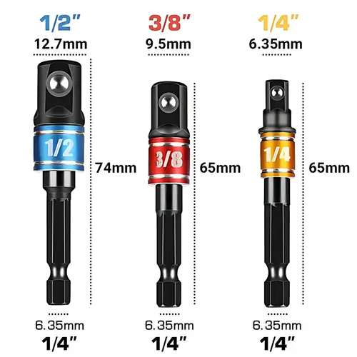 3pcs Impact Driver Socket Extension Adapter Extended Converter Power Drill Hex To High Speed Nut Male Square Wrench 1/4 3/8 1/2 - Image 7