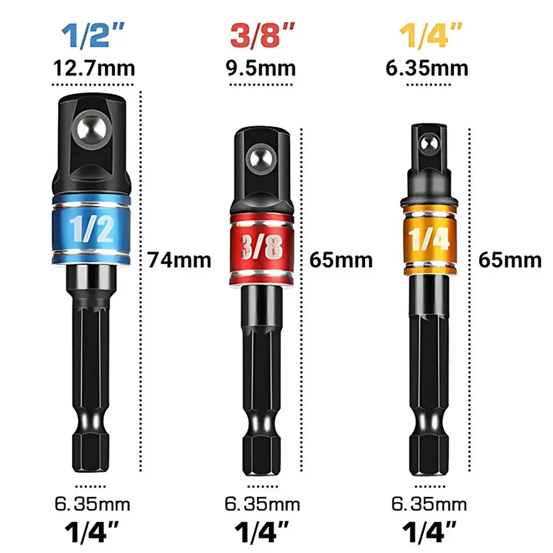 3pcs Impact Driver Socket Extension Adapter Extended Converter Power Drill Hex To High Speed Nut Male Square Wrench 1/4 3/8 1/2 - Image 7