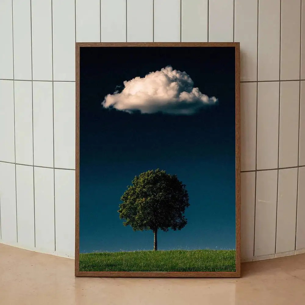 Minimal Lone Tree White Cloud Poster, Serene Green Meadow Single Tree Floating Cloud Landscape Wall Art Bedroom Home Decor