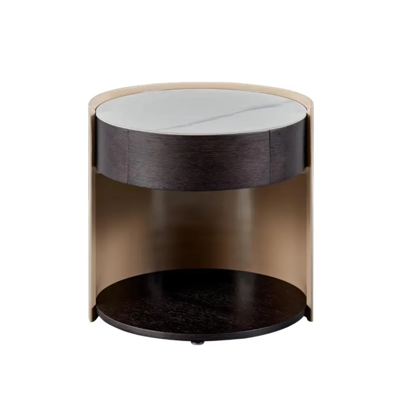 Modern Luxury White Carrara Sintered Stone Top Drawer Oak Painted Round Bedside Table Home Design