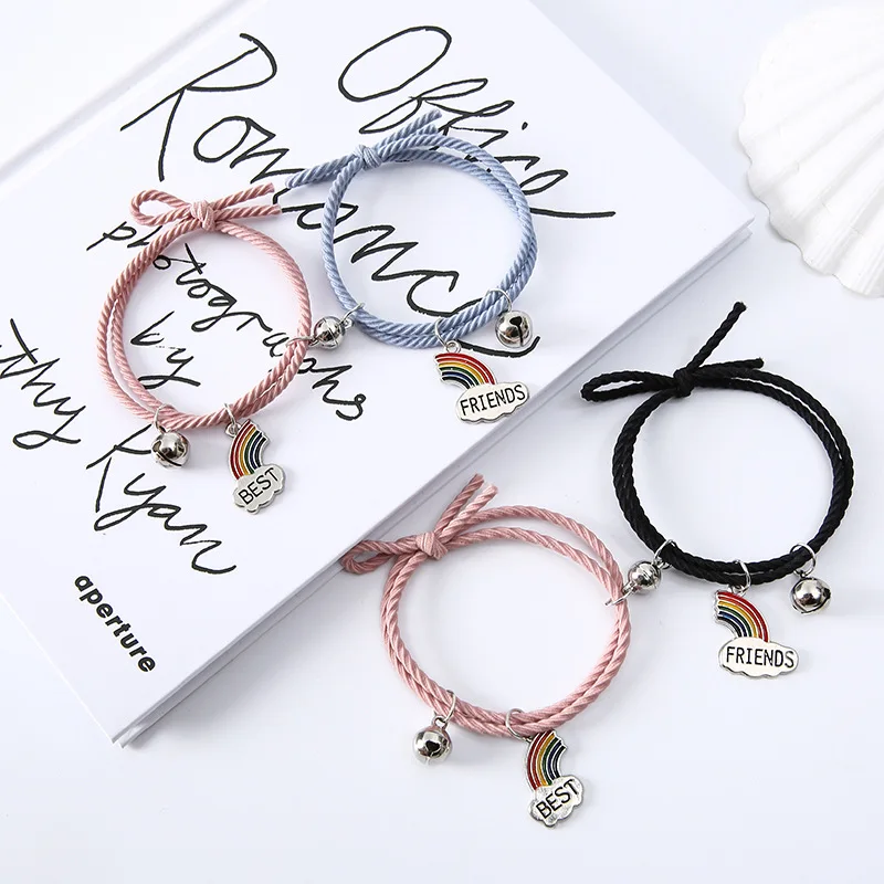 1 Pair Magnet Attract Couple Bracelet Rainbow Bell Pendant Friendship Jewelry Adjustable Braided Rope Bangle for Women Men