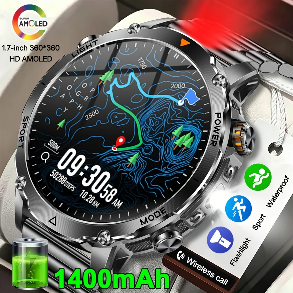Montre connectée militaire d'extérieur pour hommes, batterie 1400mAh, suivi GPS, lampe de poche SOS, étanche IP68, appel Bluetooth, nouvelle collection