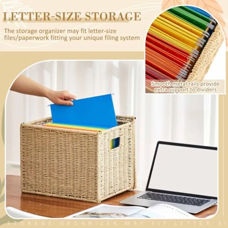 صندوق ملفات حبل ورقي قابل للطي بحجم حرف مع غطاء للمكتب والمنزل والديكور سلة ملفات معلقة منسوجة محمولة fo #3