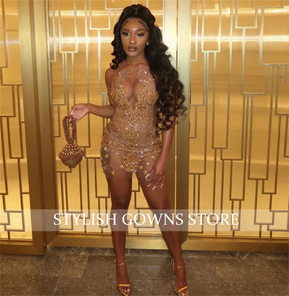 Gold sheer O Neck Short Prom Dresses Beaded Birthday Party Gowns Crystal Celebrity Dress Mini Cocktail Robe De Bal