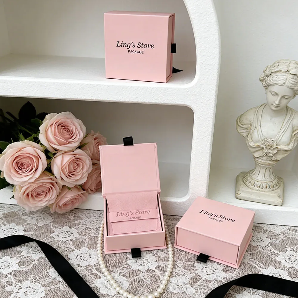 50Pcs Personalized Logo 9x9x3cm Jewelry Flap Paper Ribbon Box Necklace Ring Earrings Oil Gift Packaging Stud Bracelet Storage