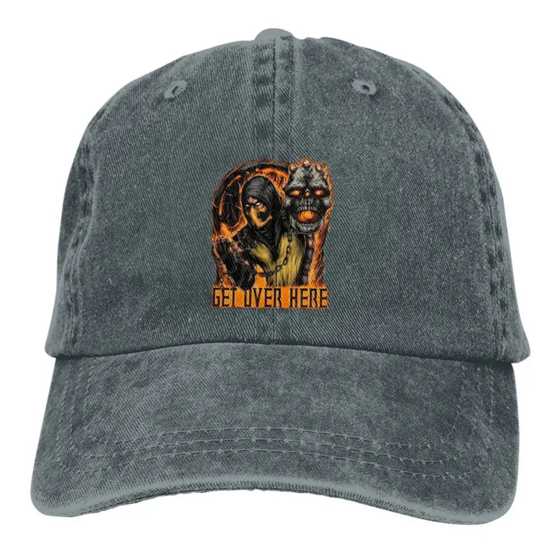 Washed Men's Baseball Cap Scorpion Get Over Here Trucker Snapback Caps Dad Hat Mortal Kombat Fighting Game Golf Hats