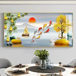 Elegant Chinese Luxury Koi Canvas Painting with Golden Deer and Rich Tree Lucky Fish Prints for Living Room and Corridor Decor