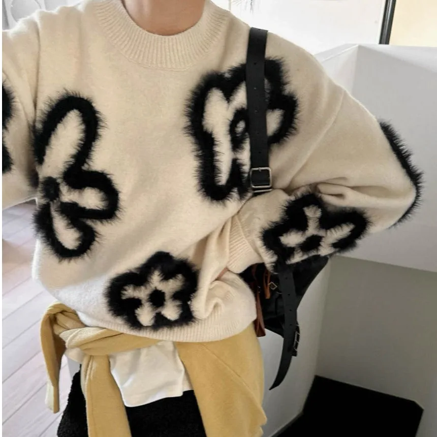 

Loose Casual round Ne Pullover Knitted Sweater Women's Top Dongda Gate Floral Embroidery Comfortable Breathable Autumn Winter