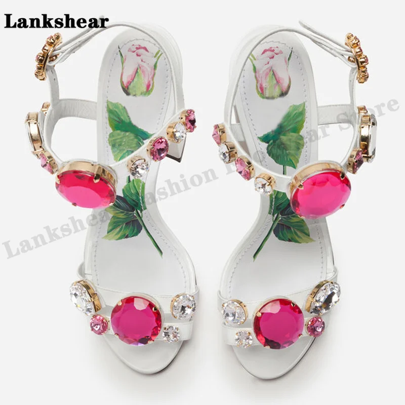 Customized 2023 Catwalk Color Diamond Gem Thick-Heeled Women's Sandals with Rose Flower Sheepskin Printed High-Heeled Shoes