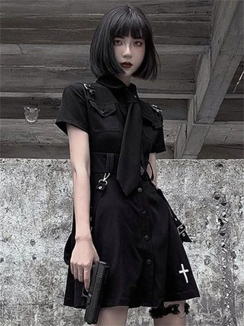 Goth Black Techwear Cargo Mini Dress Women Japanese Lolita Y2k High Waist Emo Dresses Harajuku Female Egirl Grunge Robe Vestidos