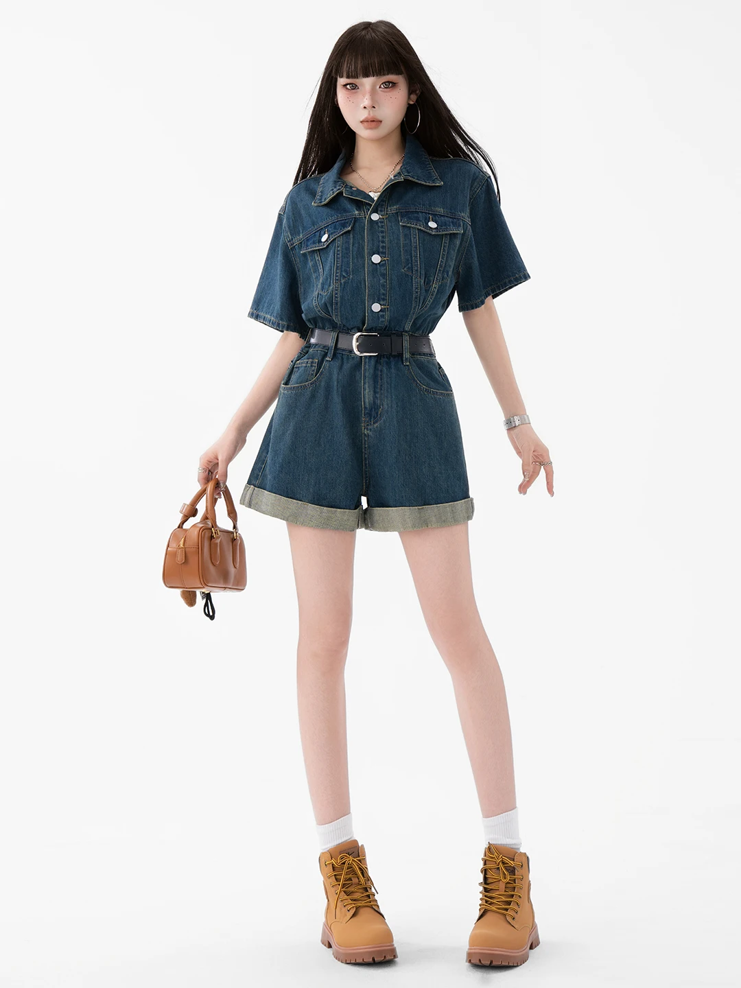 MGHG Retro High Waist Denim Jumpsuit Women's Autumn Faion Slimming ort Set Straight Leg Cotton Blend Cact Fabric