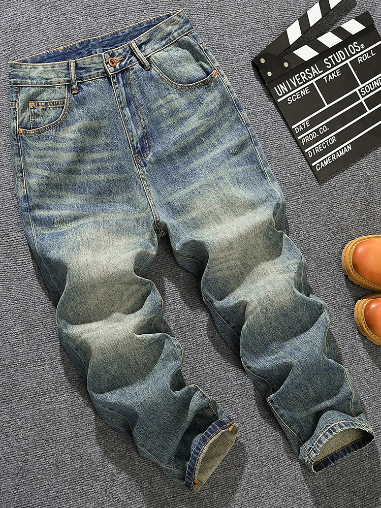 Koreańskie luźne jeansy męskie z prostymi nogawkami, moda retro high street dla mężczyzn, codzienne szerokie spodnie do ziemi.