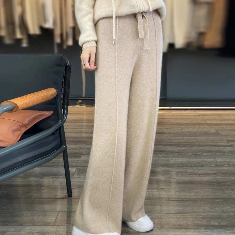 Women\'s Cashmere Wide-Leg Pants, Loose and Casual, High Waist, Straight, Elastic Waist, Knitted Trousers, Autumn, Winter, New