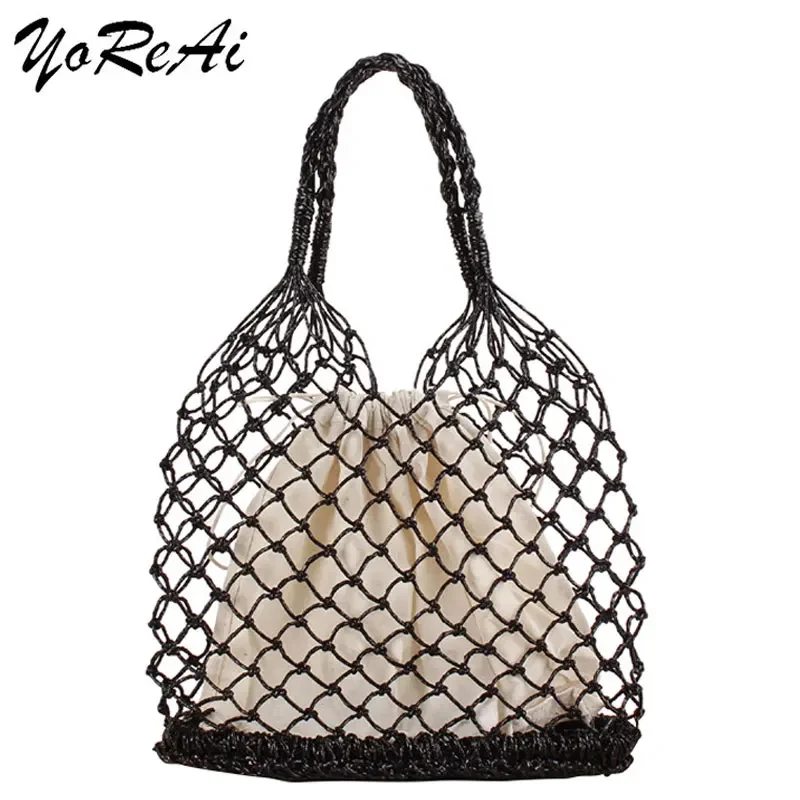 YoReAi-Bolso grande de paja para mujer, bolsa de hombro informal de playa, bolso de mano de Color sólido hecho a mano, cesta de almacenamiento,