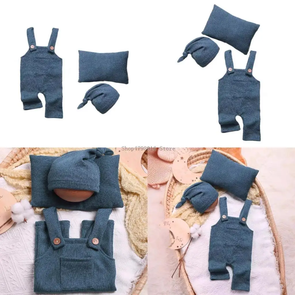 

3pcs Baby Photoshoots набор костюмов, удобный комбинезон и завязанный капот с подушкой для новорожденных фотосъемка