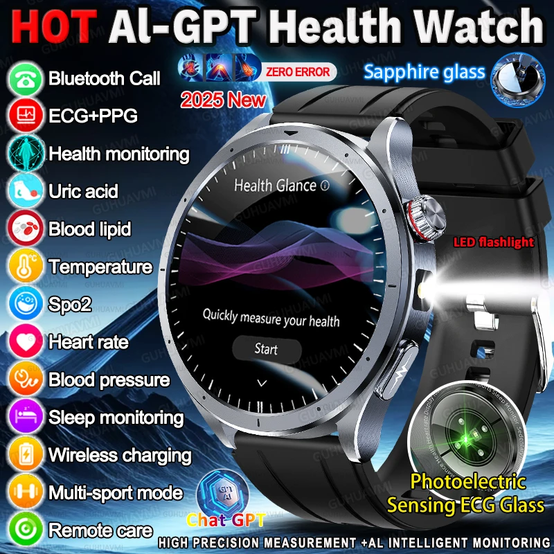 2025 جديد حار AL-GPT ساعة صحية ECG + PPG حمض اليوريك ضغط الدم تحليل الجسم HD دعوة مصباح ليد جيب ساعة ذكية النساء الرجال
