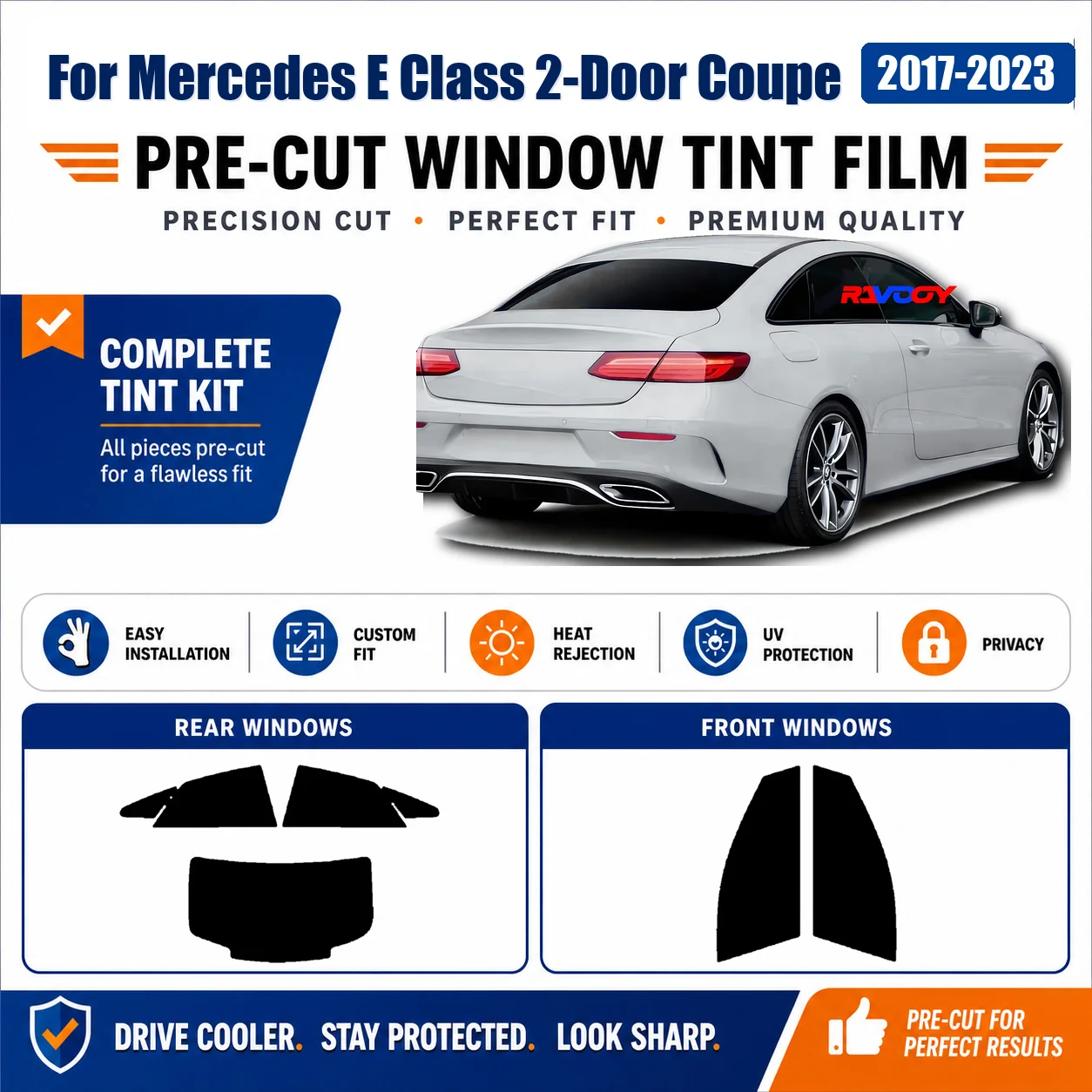 For Mercedes E Class 2-Door Coupe 2017-2023 Front Window Heat Rejection Privacy Tint RAVOOY Precut Side Rear Film Ceramic VLT
