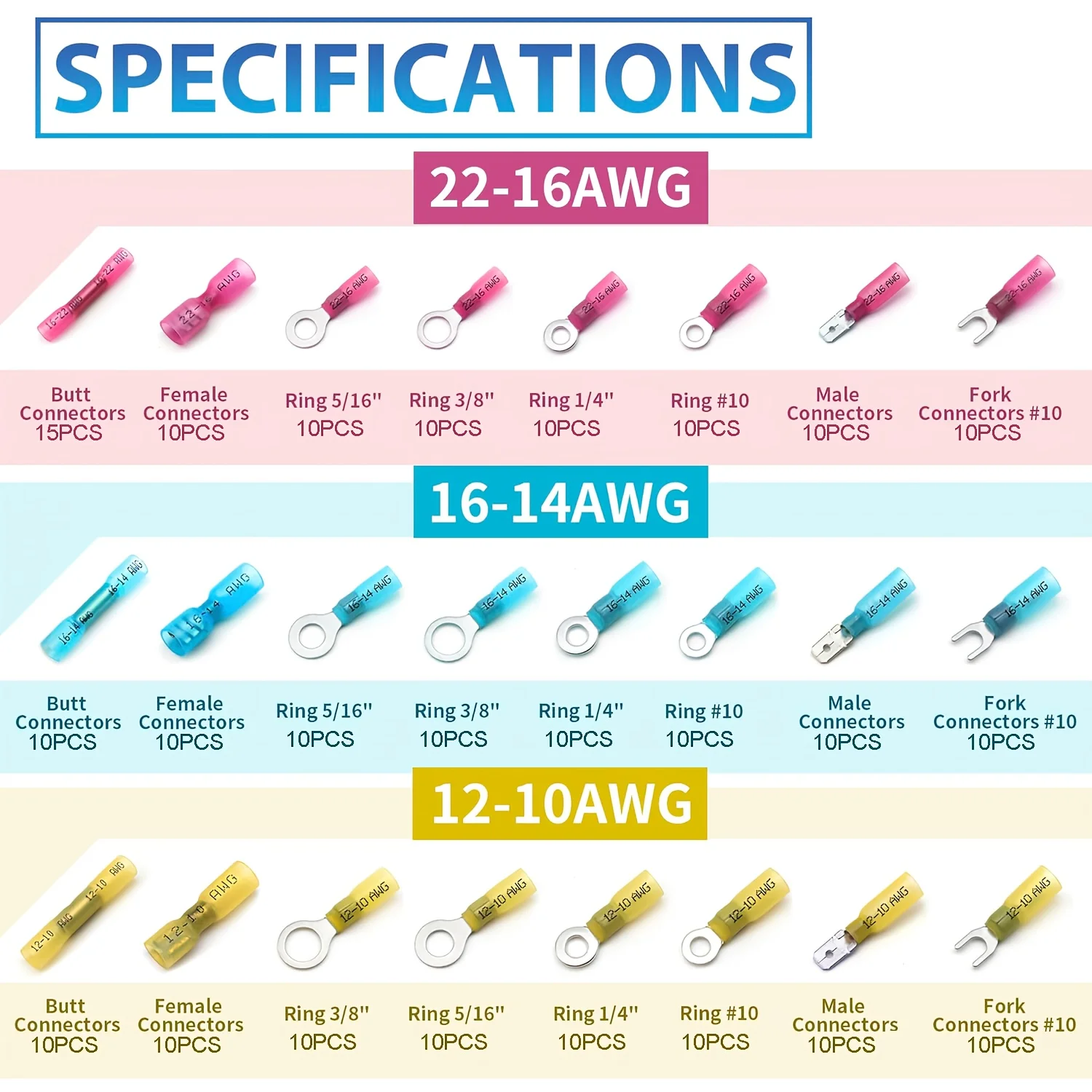 245 electrical connectors - Electrical connector kit, tin-plated copper material, with crimped insulating ring fork-shaped connector, angled connector (21 sizes) 16-14, 22-16, 12-10 specifications, used for crimp terminals in electrical wiring kits